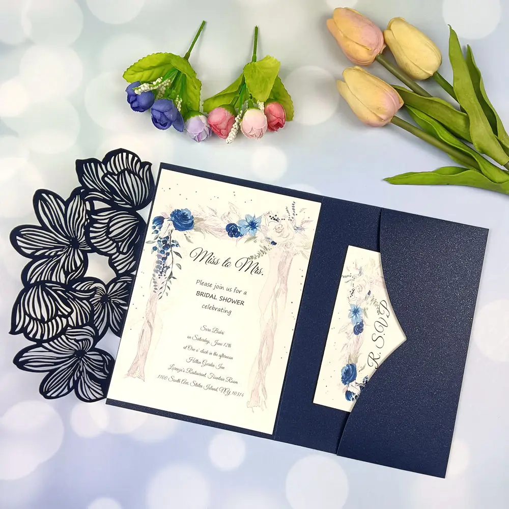 1 قطعة الأزرق الداكن ثلاثي أضعاف المغلف جيب الليزر قطع دعوة الزفاف مع بطاقة rsvp ومغلف جيب دعوة الأكمام