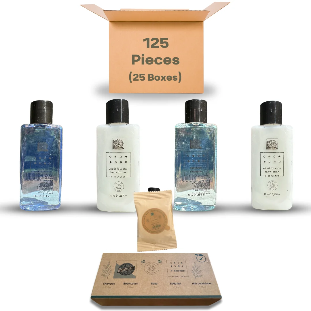 Roomsium Hotel Amenities Set - 125 Pieces | Travel-Size Shampoo, Conditioner, Body Lotion, Shower Gel, Soap