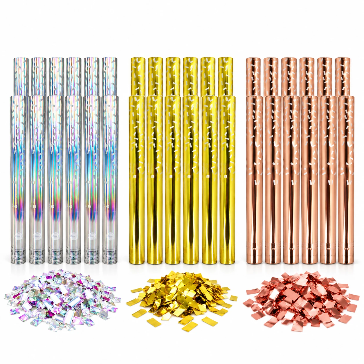 12 tubi di coriandoli, coriandoli metallizzati a specchio, colori oro, argento e oro rosa, 4 misure, per decorazioni di feste di compleanno e matrimoni.