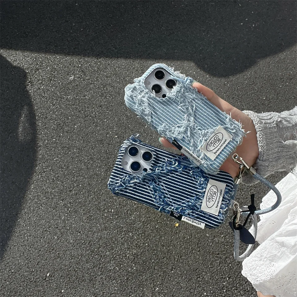 Korean INS Fashion Denim Warm Fluffy Plush Phone Case for iPhone 17 16 15 13 14 Pro Max Cover with Chain Cute Protective Cover, image 4