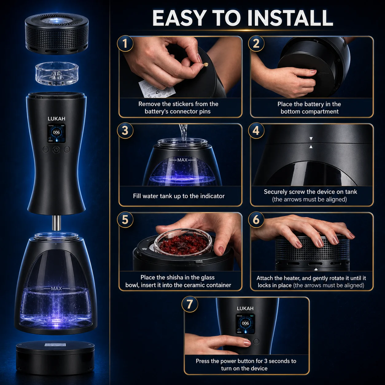 LUKAH Smart Electric Hookah Easy Use E Shisha Matte Texture Shell Large Capacity Battery Carbon Free Eco Friendly Portable Model view 5