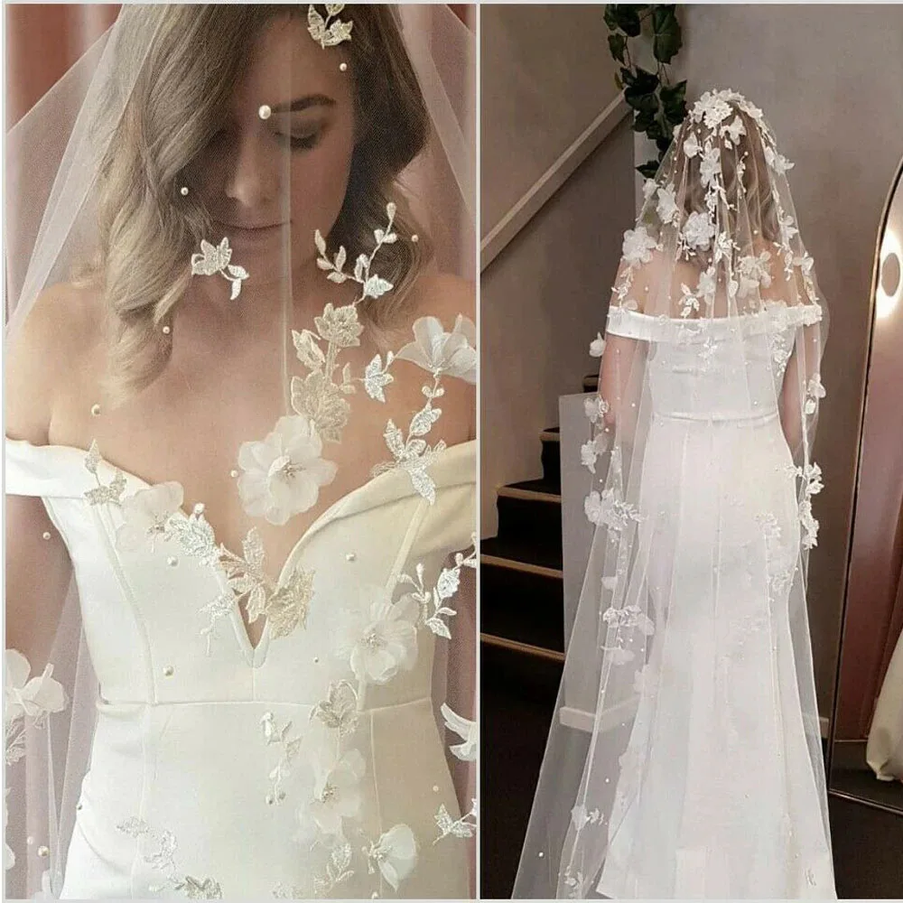 1M/2M Romantic Floral Lace Applique Bridal Veils 3D Organza Flowers One Layer Soft Tulle Wedding Marriage Veils with Comb