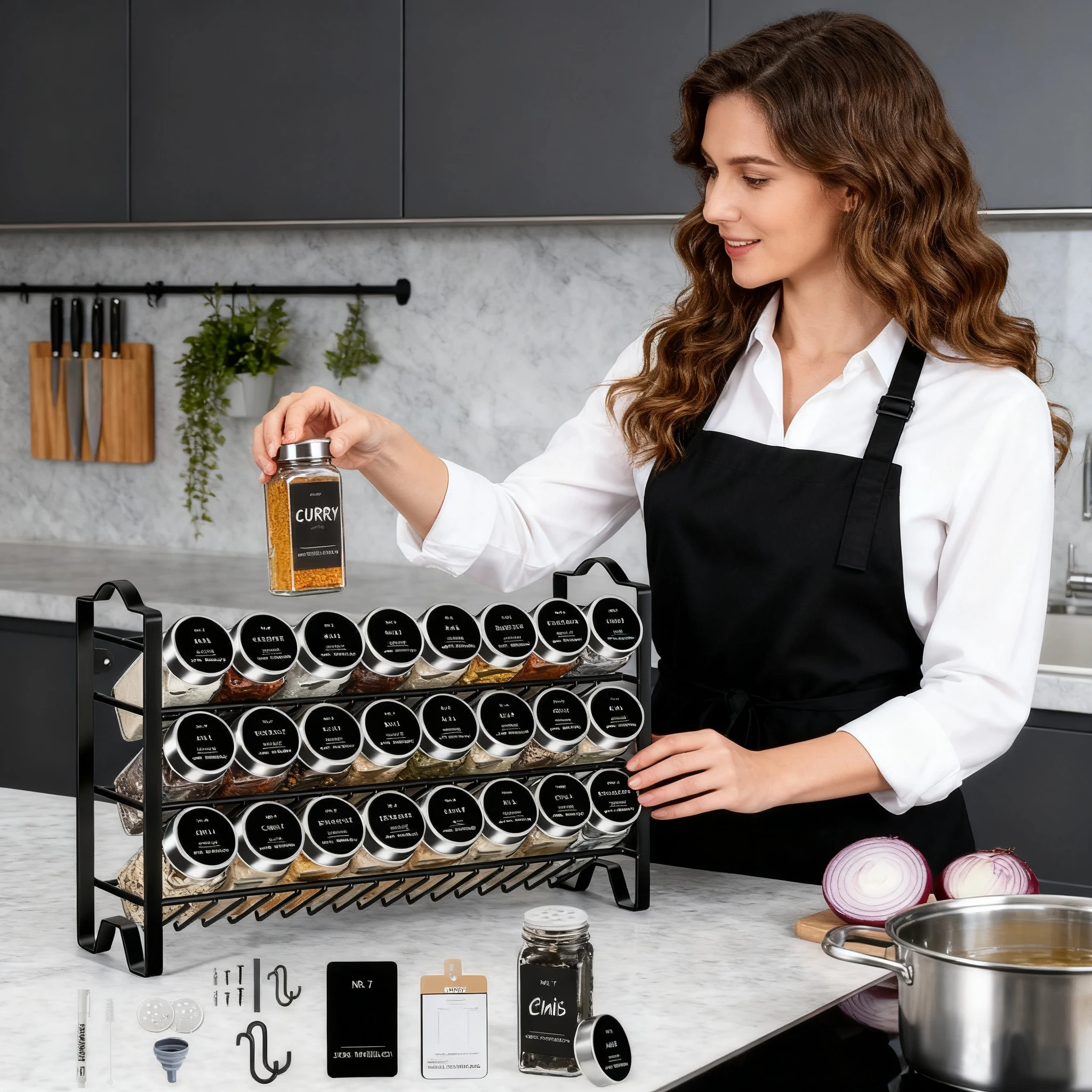Porta condizioni verticale con vasetti condizionati 24x120ml, completo di irrigatori, etichette, imbuto, penne e accessori di montaggio