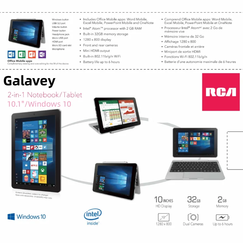 Tabletas RCA de 10,1 pulgadas, Windows 10, Quad Core, 2GB de RAM, 32GB de ROM, Intel Atom X5-Z8350, sistema operativo de 32 bits, Micro USB