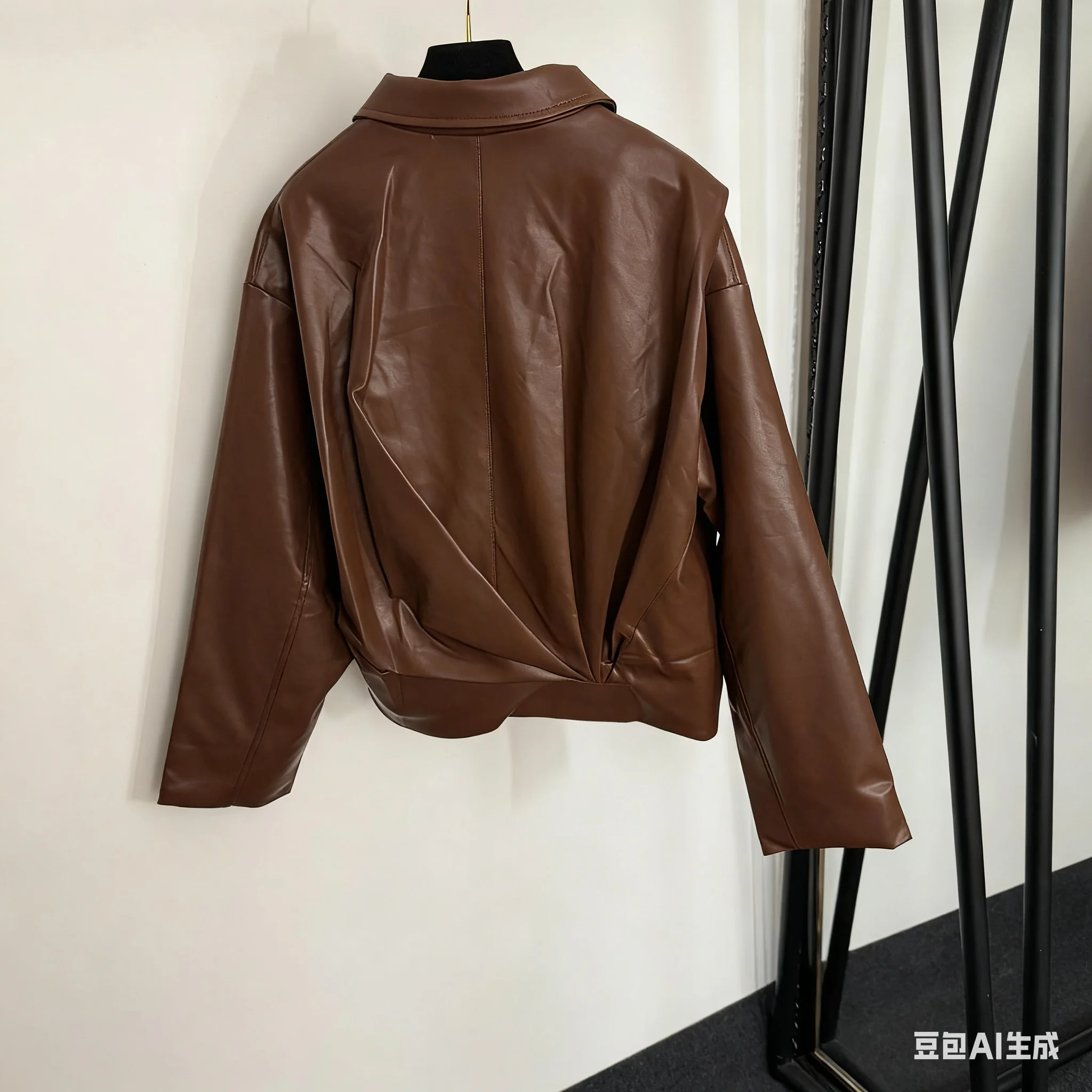 

High quality spring and summer women's pleated waist long sleeved jacket PU leather jacket SU