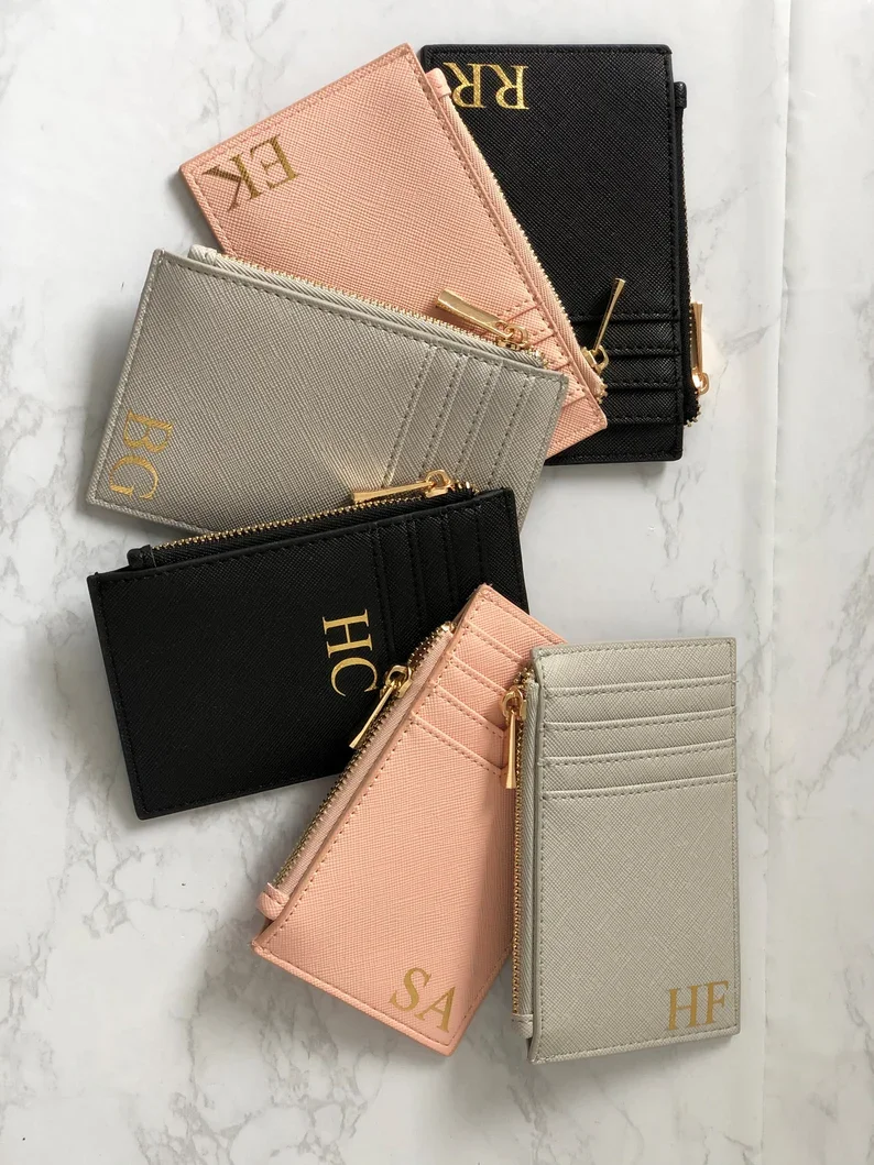 Porte-cartes monogramme personnalisé pour femme, portefeuille minimaliste personnalisé, sac à main imprimé or, cadeau de remerciement pour demoiselle d'honneur