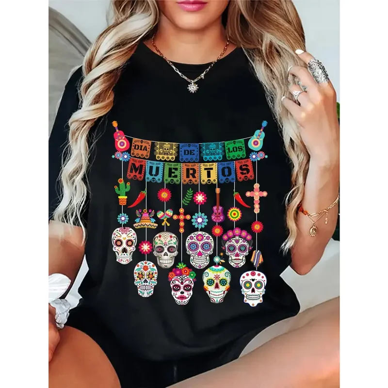 تي شيرت 100% قطن للجنسين Dia De Los Muertos مضحك يوم الموتى جمجمة معلقة