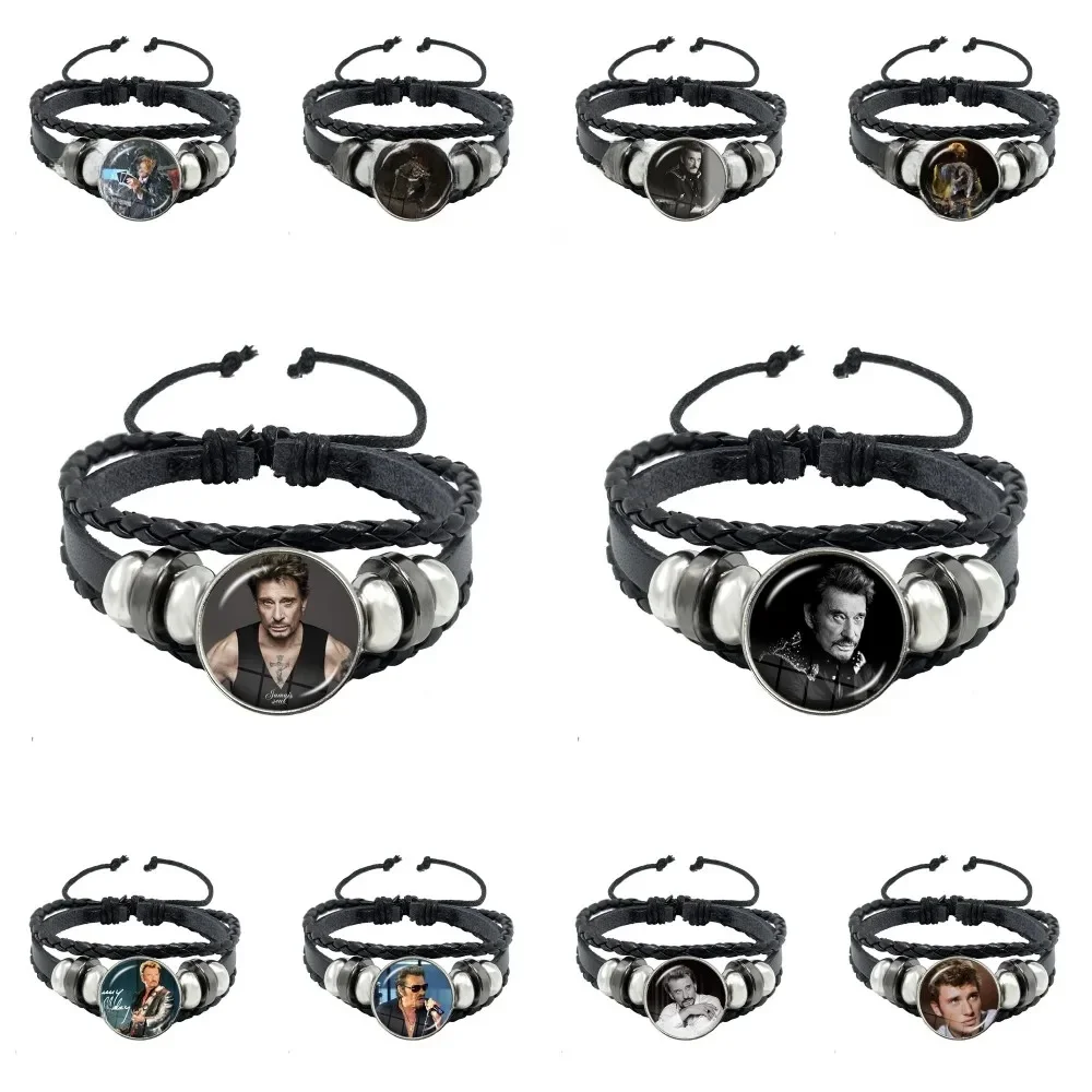 Johnny Hallyday Bracelet en cuir multicouche Rock Star Art affiche verre bracelets faits à la main Bracelet bijoux pour hommes cadeaux