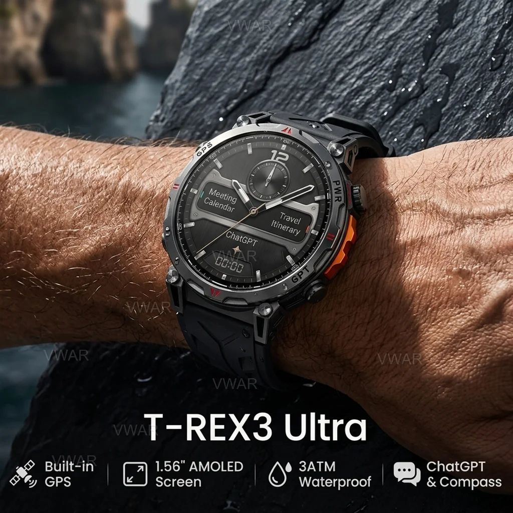 2026 T-Rex 3 Ultra GPS Smart Watch Built-in AI-GPT Dual-Band GNSS Compass 1.56inch AMOLED Screen 5ATM Waterproof SmartWatch Men