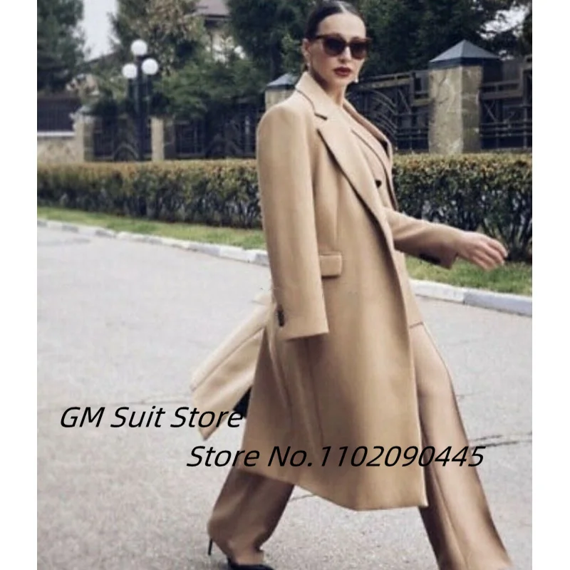 Women's Handsome Autumn And Winter Woolen Coat Two-piece Long Warm Lapel Solid Color Single-breasted Elegant Slim Suit 2022