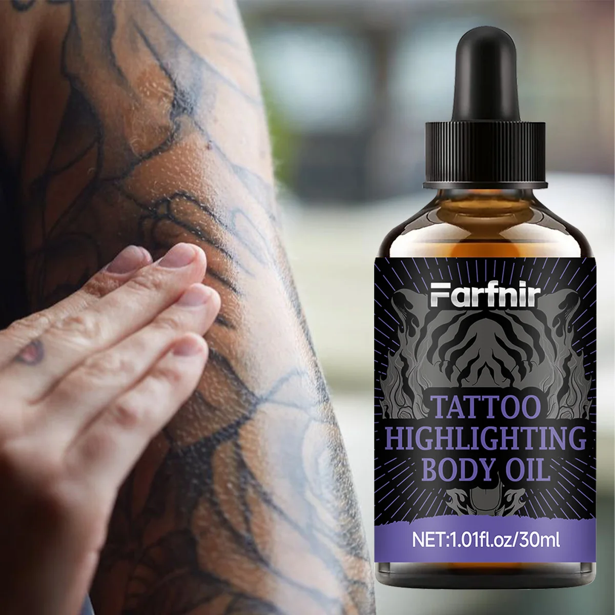 Tattoo highlighting oil, brightens skin tone, nourishes the skin, enhances radiance, and protects tattoos.