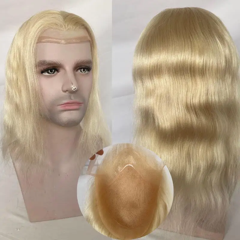 Pwigs12inch Long 100% Human Hair Blonde 613# Men's Toupee 8x10inch Mono Base Lace Front with PU Men Natural Hairline Hair System