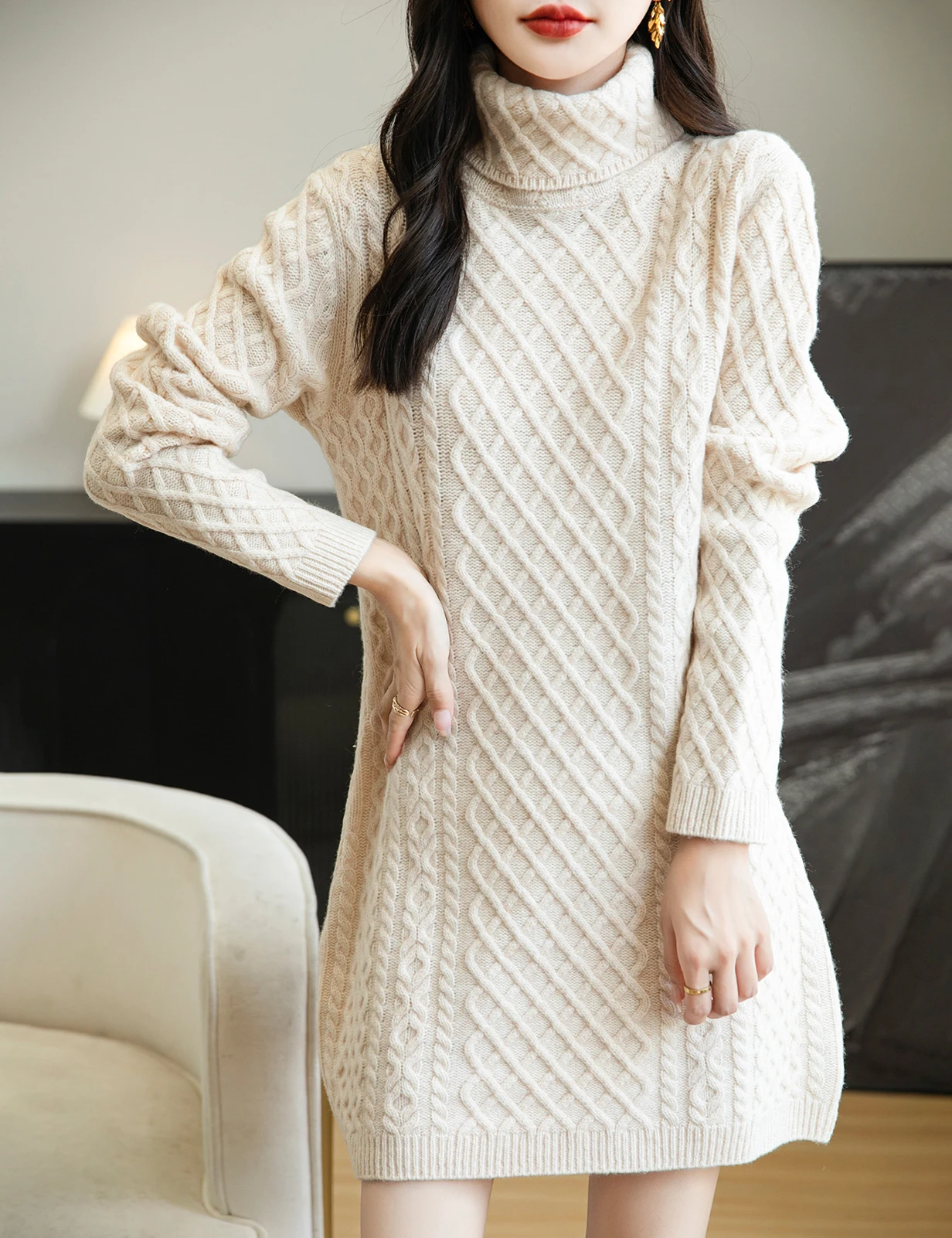 Women's Turtleneck Sweater Dress 100% Merino Wool Dresses 2024 Fall Winter Vintage Long Sleeve Knit Long Sweater Female Clothing