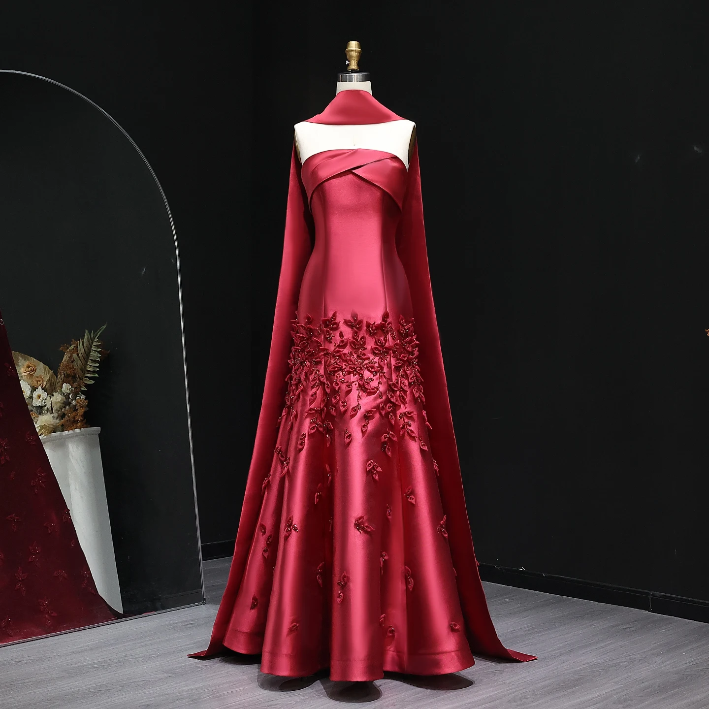 Sharon Said Luxury 3D Leaves Blush Pink Satin Mermaid Evening Dress with Cape Dubai Women Wedding Party Gowns SS463 Customized image 2