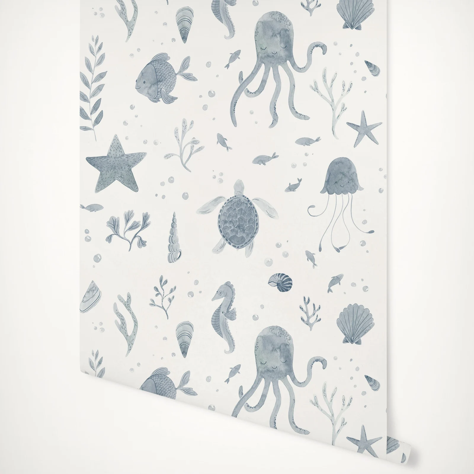 Aqua Wallpaper with Octopuses, Jellyfish. Turtles, fishes and all kinds of seashells in Aqua Blue, Aqua Sea lifes Wall Paper