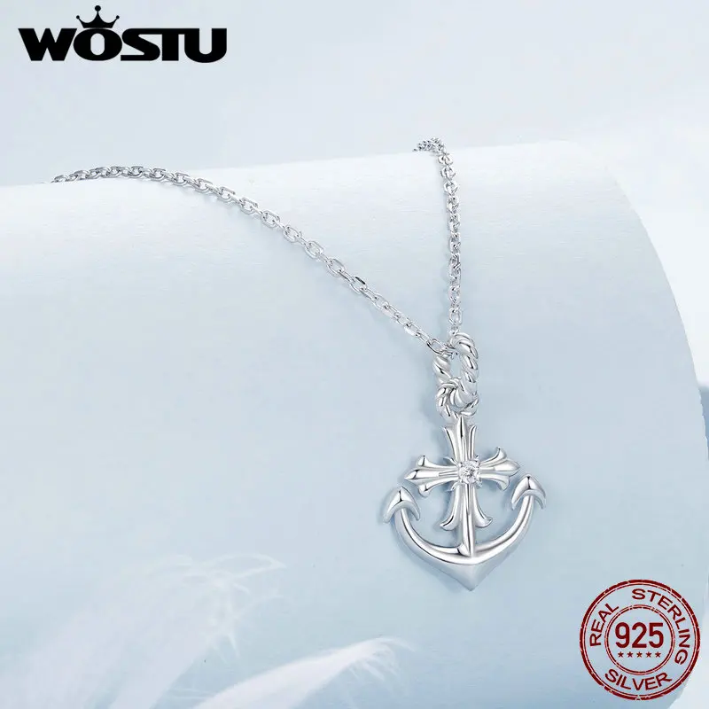 WOSTU 925 Sterling Silver Anchor Necklace Ocean Series Zircon Pendant Adjustable Chain for Women Gift Fine Jewelry