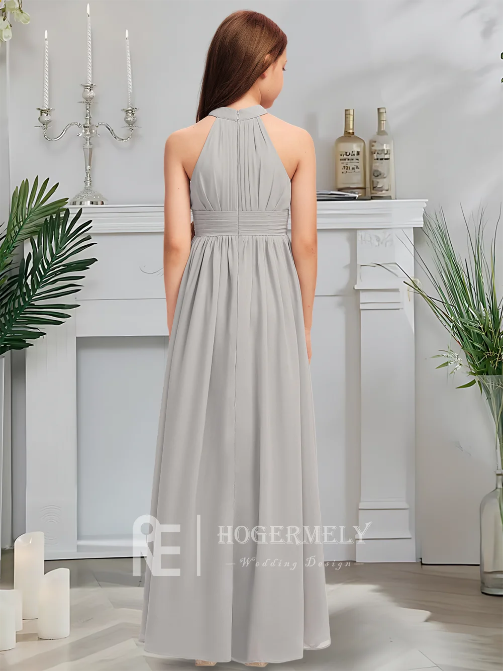

A Child Silver A Line Halter Junior Bridesmaid Dress Flower Girl Dress Floor Length Chiffon Kids Girls Party Wedding 01