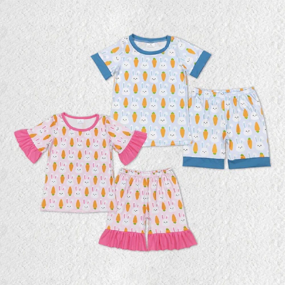 Summer Fashion Baby Girls Boys Easter Carrot Rabbits Shirt Top Shorts Pajamas Sibling Suit Wholesale Boutique Kids Clothes Set