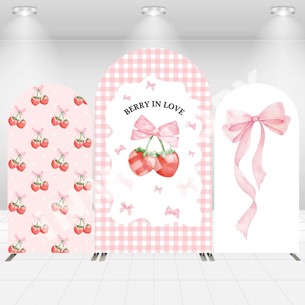 

Cherry Red Plaids Arch Cover Backdrop for Girl Pink Berry First Birthday Party Background Kids Baby Shower Decoration
