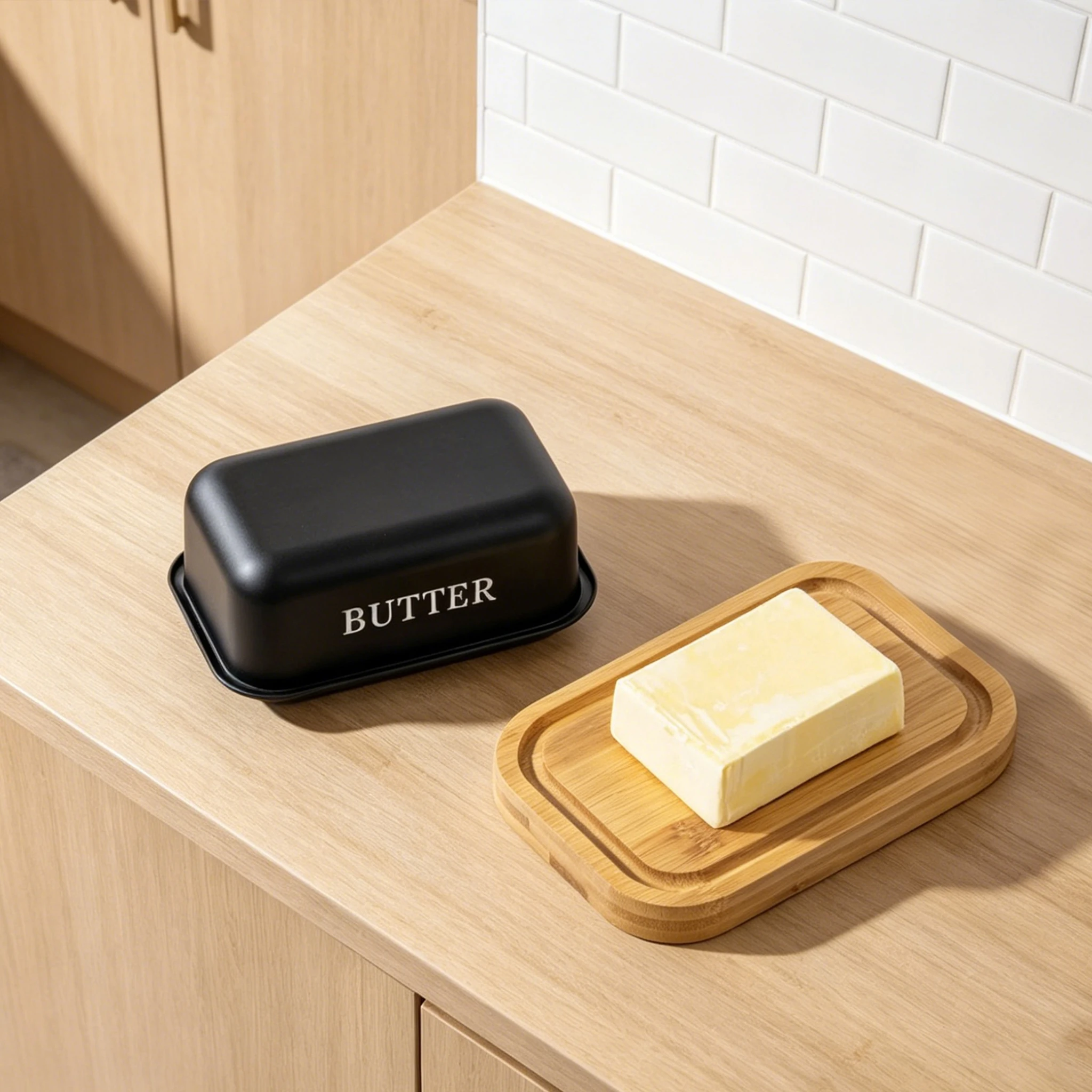 Mantequillera de Acero Inoxidable 304 con Tapa de Bambú – Capacidad 250g – Envío Rápido – Elegante y Sostenible para Mantequilla o Queso