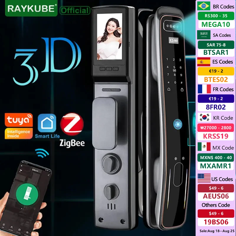 

RAYKUBE DF8 3D Face Recognition Tuya ZigBee Biometric Smart Door Lock Security Face&Camera Fingerprint Lock With IC Card Spyhole