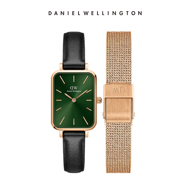 Relógio Daniel Wellington Quadro 20X26mm em Ouro Rosé com Mostrador Verde Esmeralda e Pulseira de Couro Preto Extra Melrose Mesh, Conjunto de 2 Peças para Presente