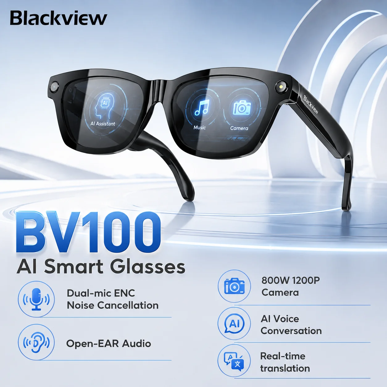 Lunettes intelligentes Blackview BV100, caméra HD, Bluetooth 5.4, batterie 220 mAh, haut-parleurs stéréo, micro à réduction de bruit, détection de portage