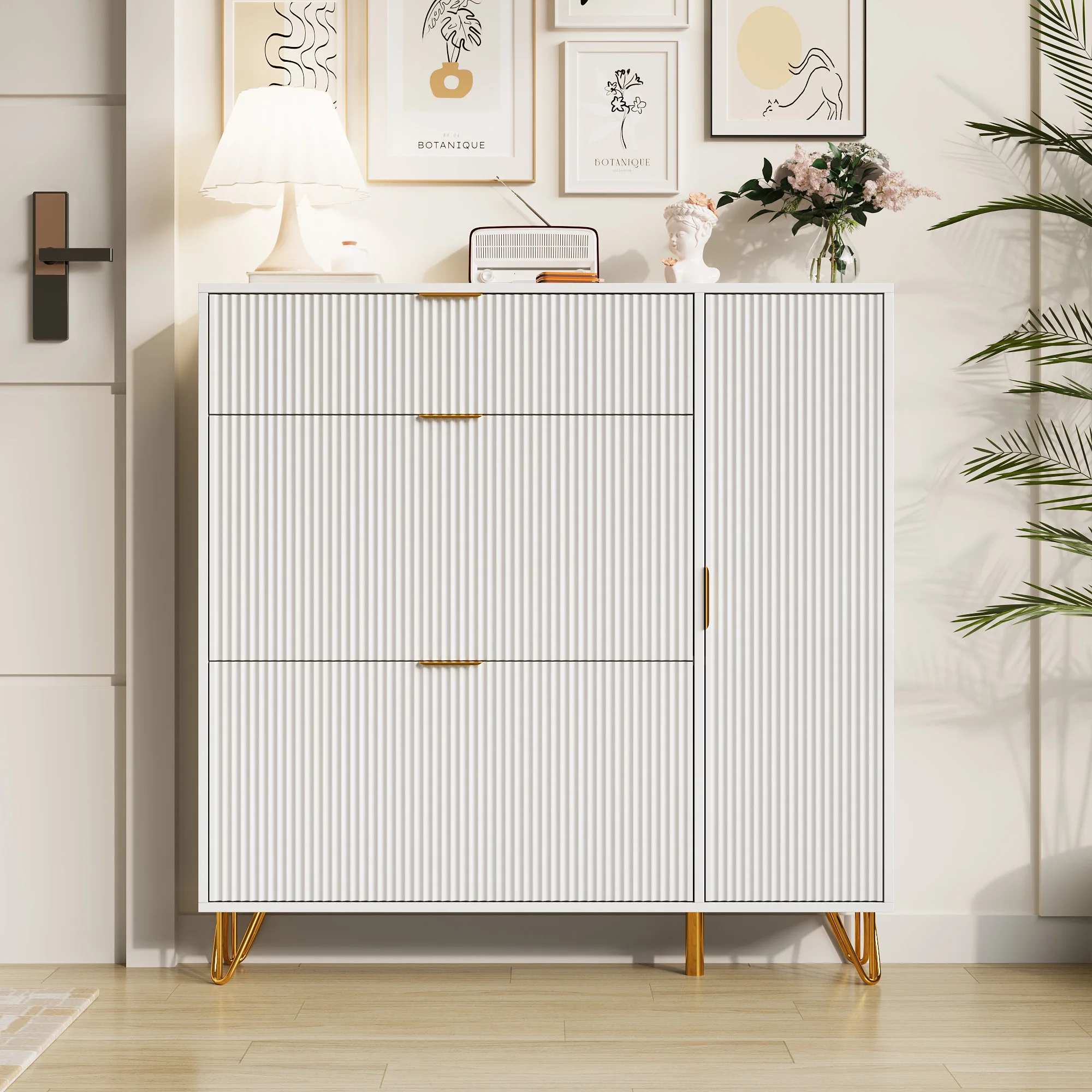 Zapatero de 110 x 24 x 120 cm, armario abatible con puerta de lamas, mueble con 2 puertas abatibles, compartimento lateral para botas, zapatero con compartimentos, para pasillo o vestíbulo, color blanco
