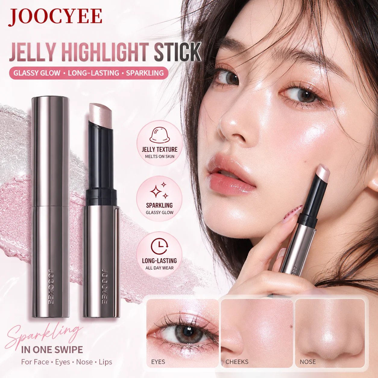 Joocyee Jelly Highlighter Stick Diamond Shimmer Long-Lasting Weightless Feel Waterproof Champagne Cosmetics Face Makeup