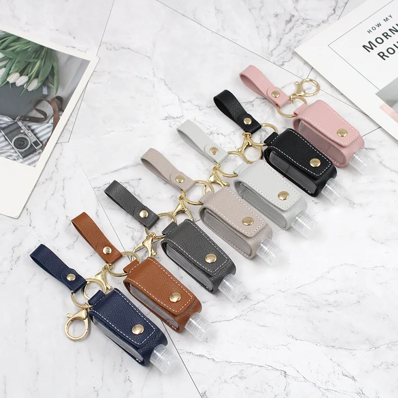 Portable PU Leather Hand Sanitizer Holder with Keychain, Refillable Spray Bottle Pouch, Bag Charm Pendant for Travel