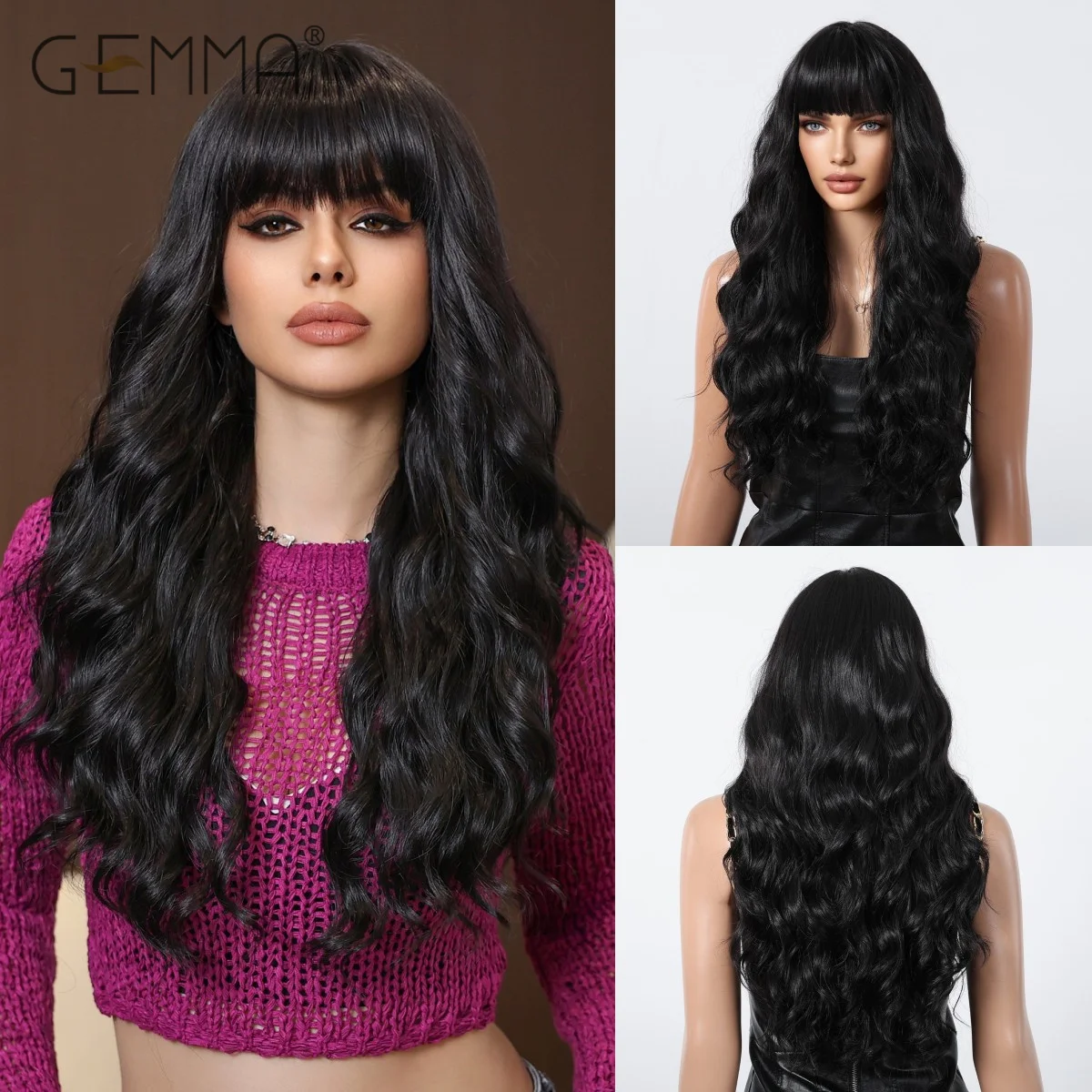 GEMMA Synthetic Wig Long Wavy Black Wigs with Bangs for Women Black Daily Use Fake Hair Cosplay Party Wig Heat Resistant Fibre