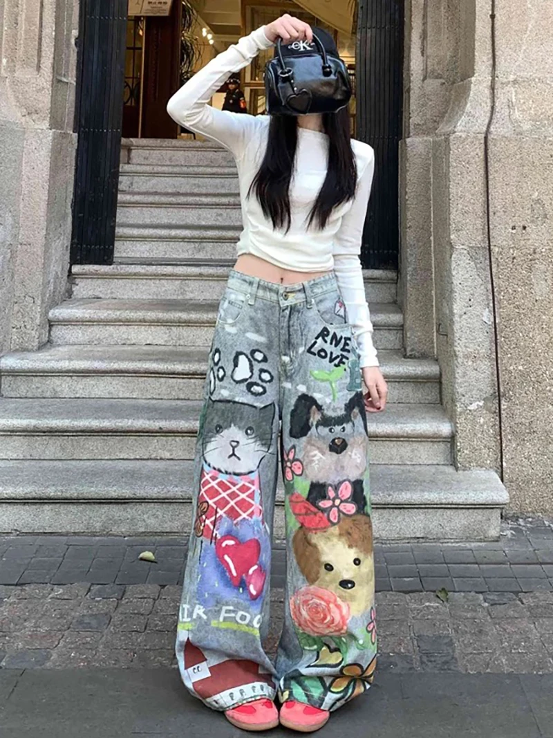 

High Waist Wide Leg Jeans Women Blue Vintage 2000s Y2K Graffiti Cartoon Print Denim Trousers Streetwear Baggy Fit E-Girl Pants