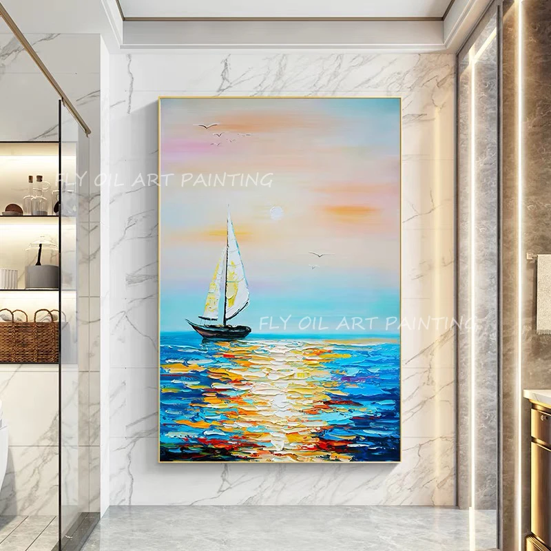 

Ocean Seaside Thick Knife with Sailboat and Sunset Large Size 100% Handpainted Landscape oil painting for home decoration