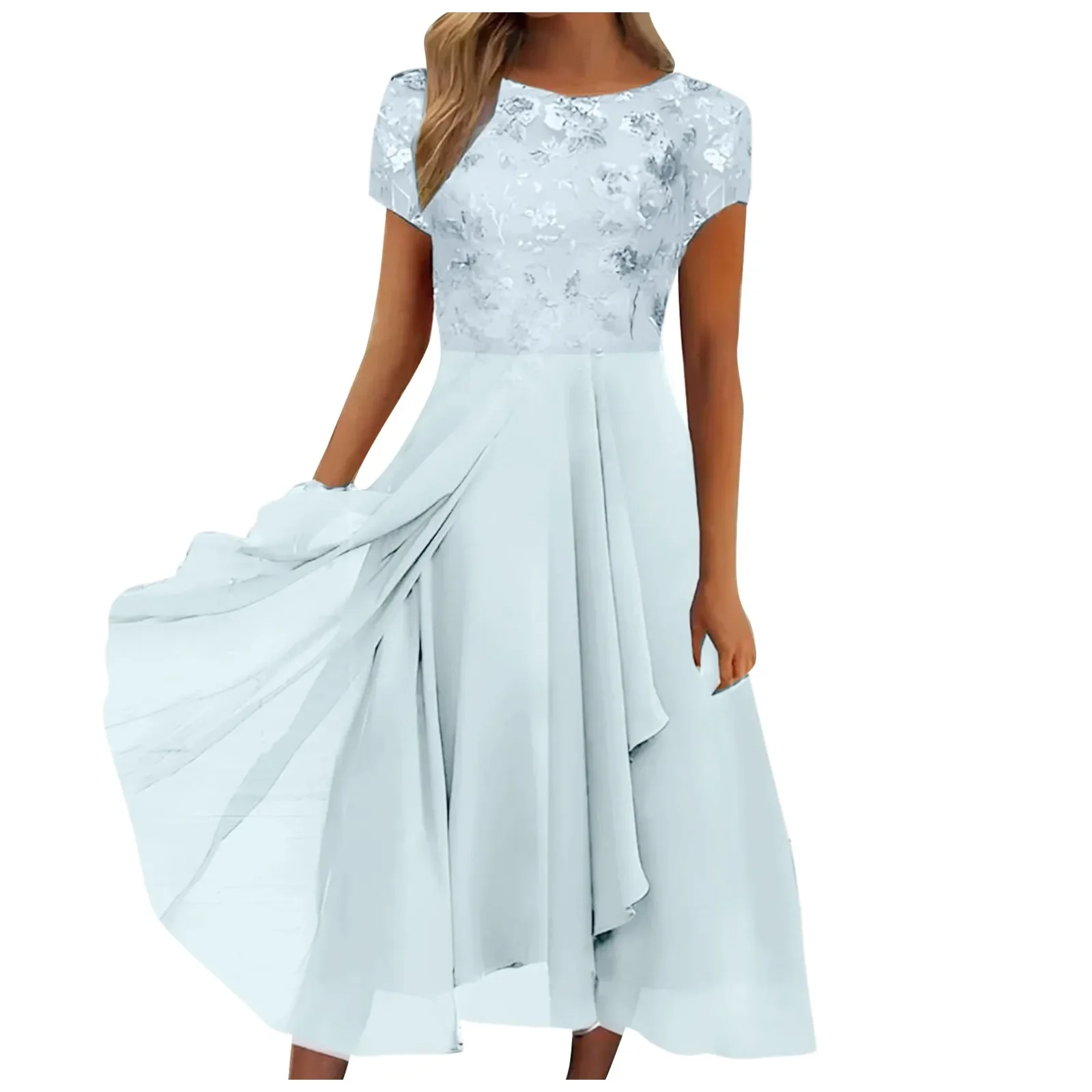Dames Effen Kleur Chiffon Elegante Kanten Patchwork O-hals Jurk Mode Uitgesneden Korte Mouw Lange Jurk Bruidsmeisje Avondjurk - afbeelding 2