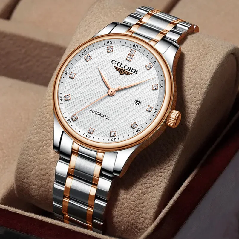 CILORE Automatic Mechanical Watch Men Luxury Two Tone Business Dress Wristwatch Date Display 5ATM Water Resistant Gift for Lover