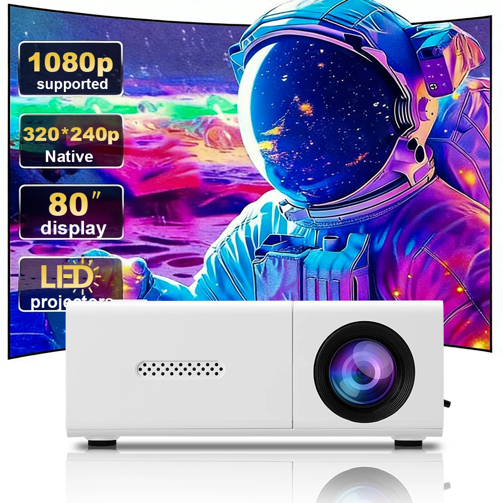 Proyector LED ZNLYRION M3-O Mini Portátil Compatible con 1080P, Resolución Nativa de 320x240P, Pantalla de 80 Pulgadas, Proyector de Cine en Casa para Teléfono, TV Stick, Laptop, Blanco