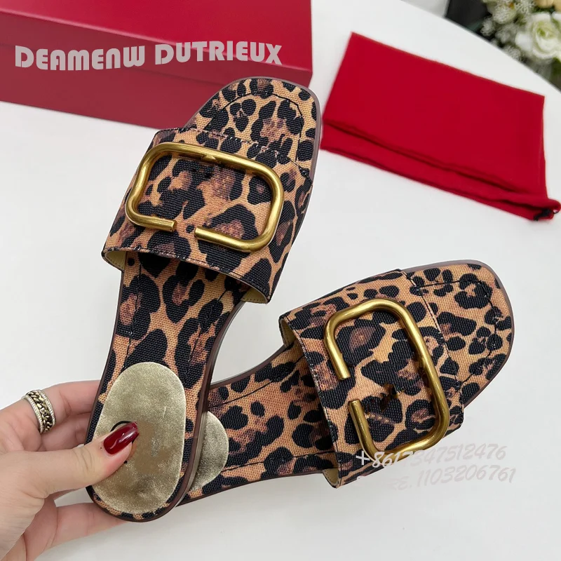 

Leopard Print Suede Letter Gold Buckle Totem Slippers Women Spring Flat Mules Sandals Square Toe Color Open Brown Slingback Shoe