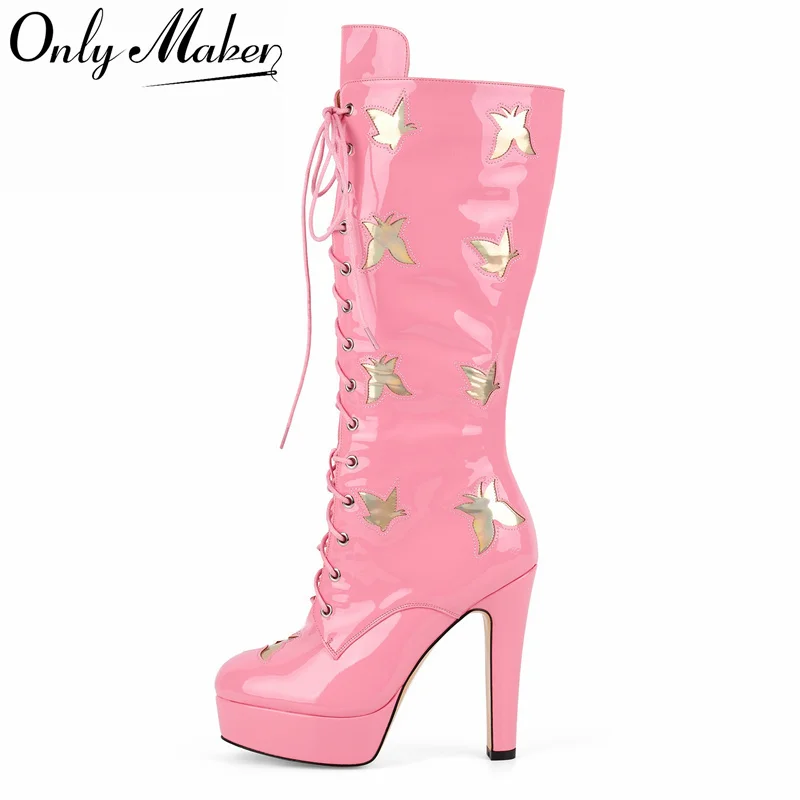 

Onlymaker Women Round Toe Pink Platform Lace-up Patent Leather Knee High Boots Side Zipper Thin Heel Boots