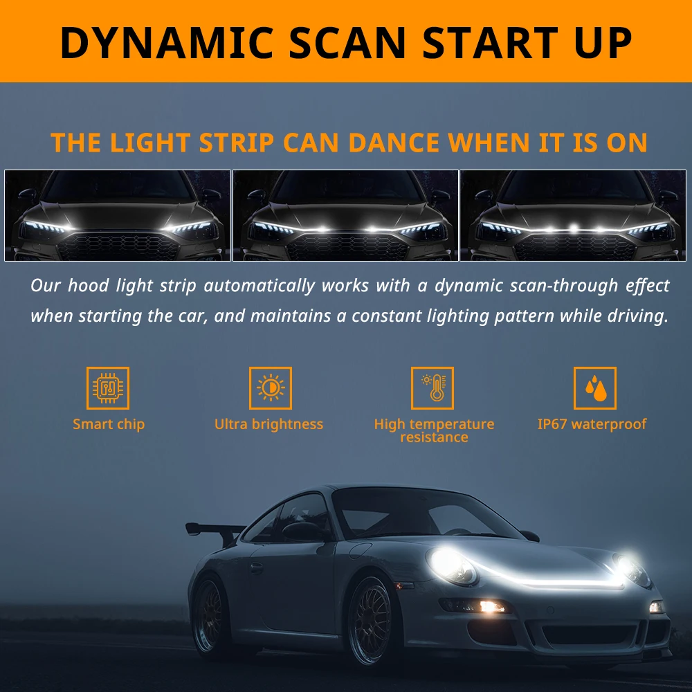 71 inch LED Engine Cover Light Strip Dynamic Scan Start-up Effect Car Hood Upgrade Daytime Running Lights SUV Truck Pickup DRL image 3