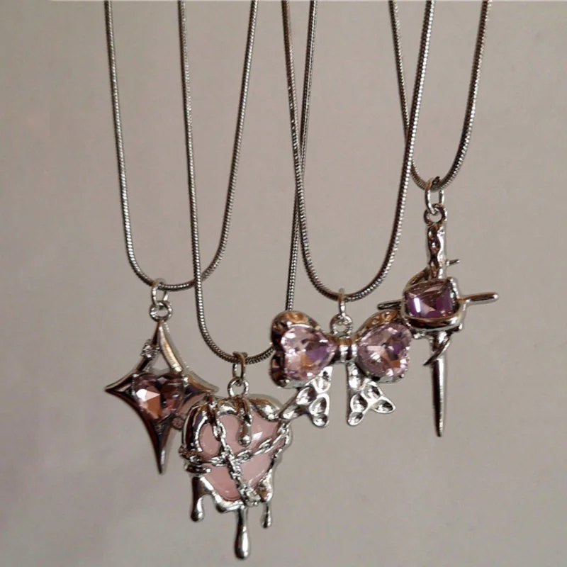 4Pcs Y2K Pink Heart Pendant Necklace Set, Melting Heart Bow Pink Water Diamond Snake Chain Necklace Women's Jewelry