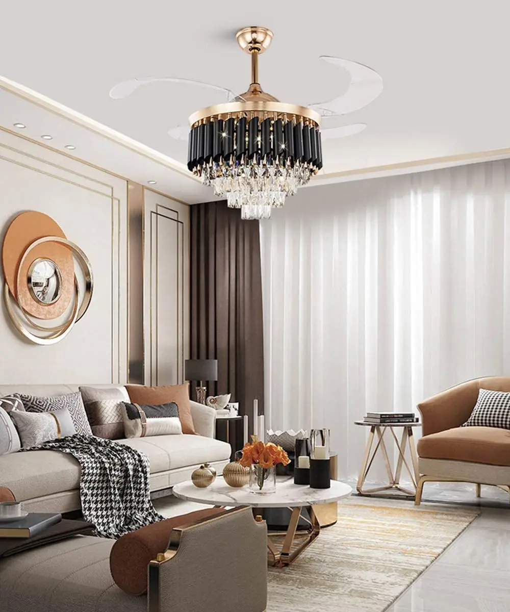 42” Modern luxury Crystal Chandelier Lamp Ceiling Fan light with Invisible Retractable Blades for Living Room Dining Room