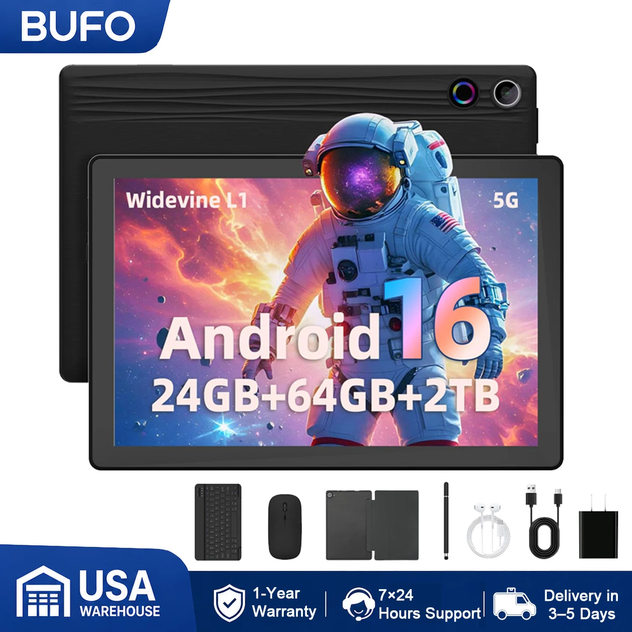 10.1 Inch Android 16 Tablet Bundle Complete Set 24GB(3+21) Intelligent RAM 64GB ROM Support 2TB TF Expansion 1280*800 HD LCD Screen Widevine L1 6000mAh Battery Dual Camera Keyboard Mouse Case Stylus Earphones Charger Kit Black Tablet PC For Study Work