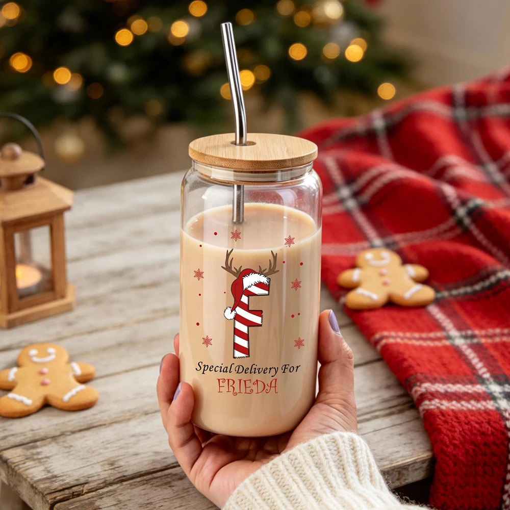 Custom Christmas Monogram Letter Glass Cup With Bamboo Lid Straw Custom Name Special Delivery Iced Coffee Tumbler Xmas Holiday.