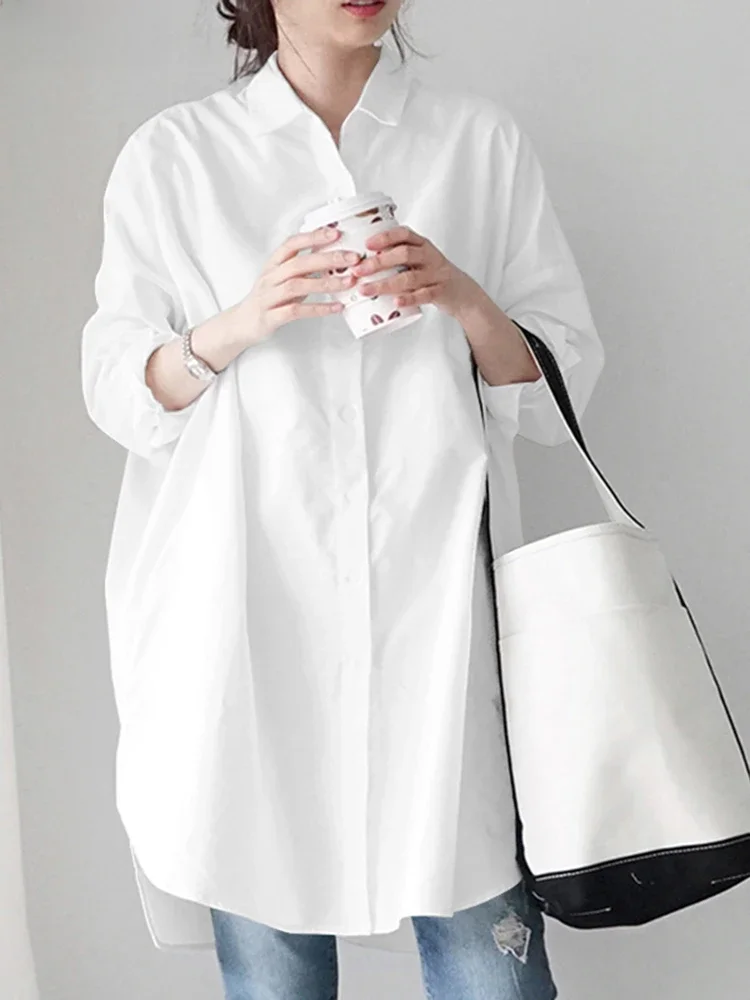 ZANZEA-Chemisier à Manches sulfet Col à Revers pour Femme, Chemise Décontractée, Tunique de Travail, Couleur Unie, Été