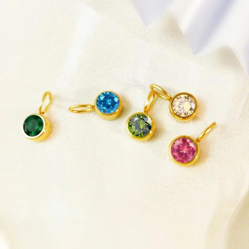 

CARLIDANA New Waterproof Muti color Month Crystal Birthstone Gold Plated Stainless Steel 8MM Birthstone Bezel Pendant DIY Charm
