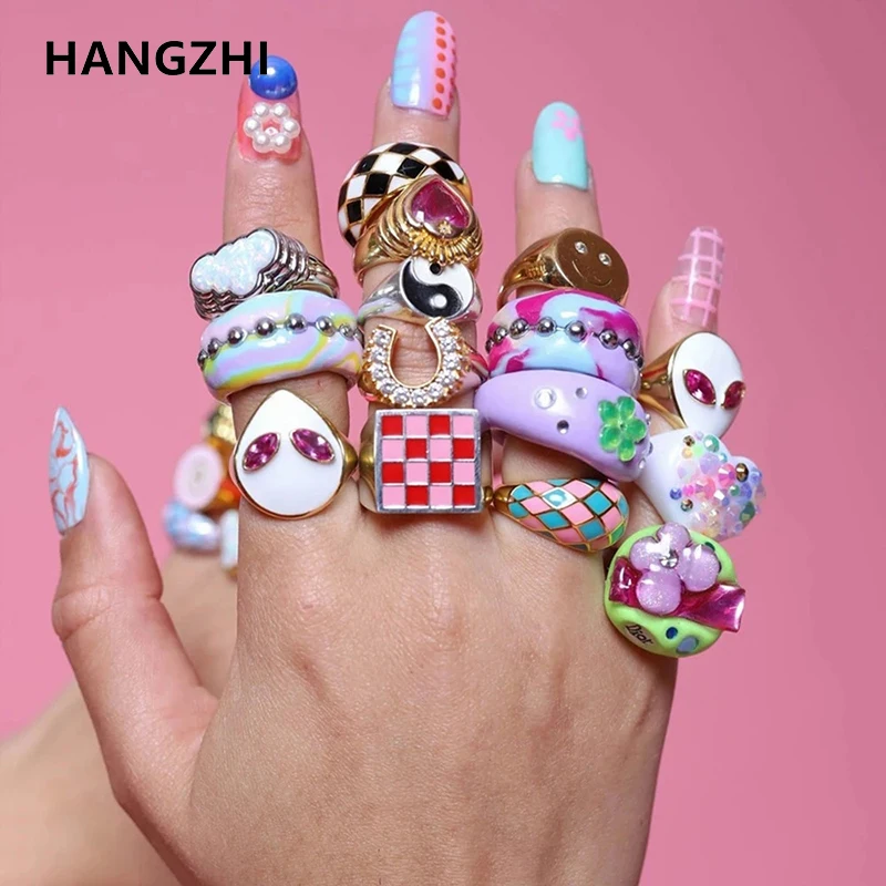 HangZhi 2021 New Summer Colorful Sweet Trendy Geometric Square Checkered Dripping Oil Ring for Women Delicate Jewelry