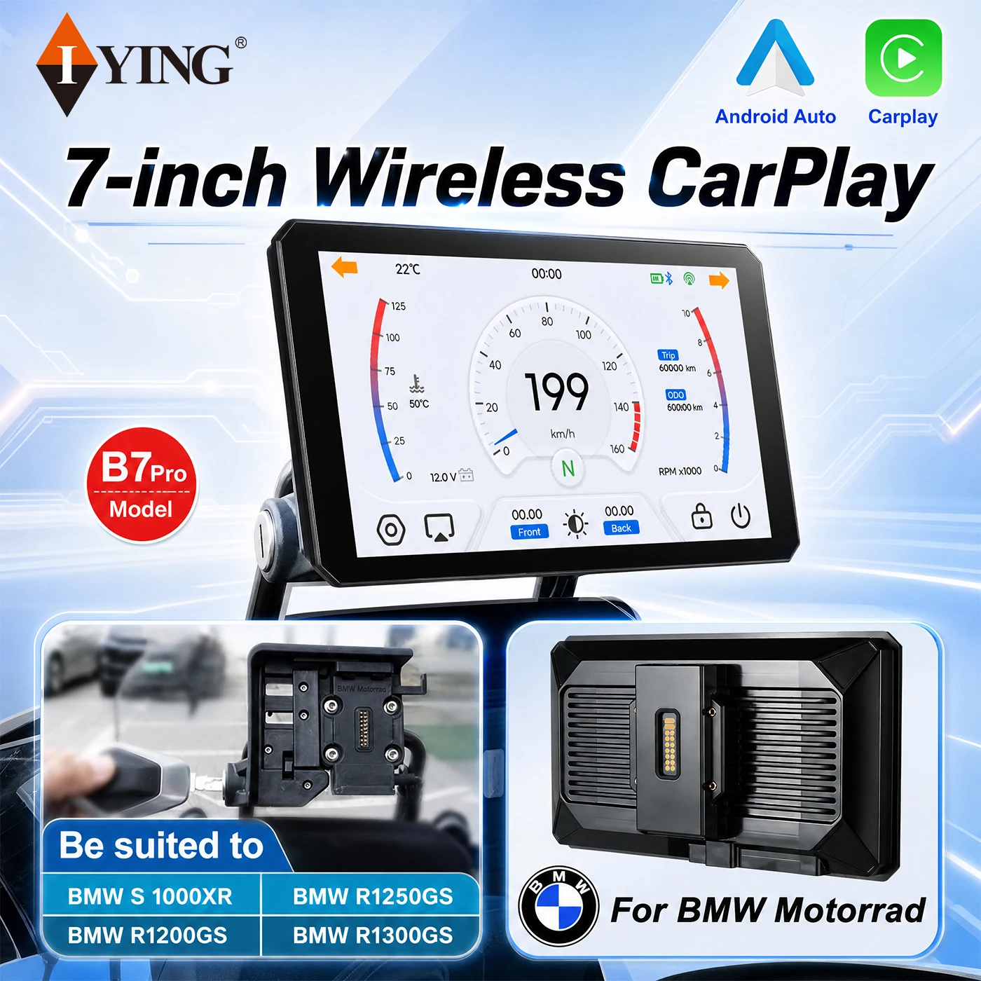 7 Zoll Motorrad Navi Wireless CarPlay Kabelloses Android Auto, Wasserdicht IP67 Tragbarer Motorrad Bildschirm, Bluetooth GPS Navigation IPS Touchscreen für Motorrad