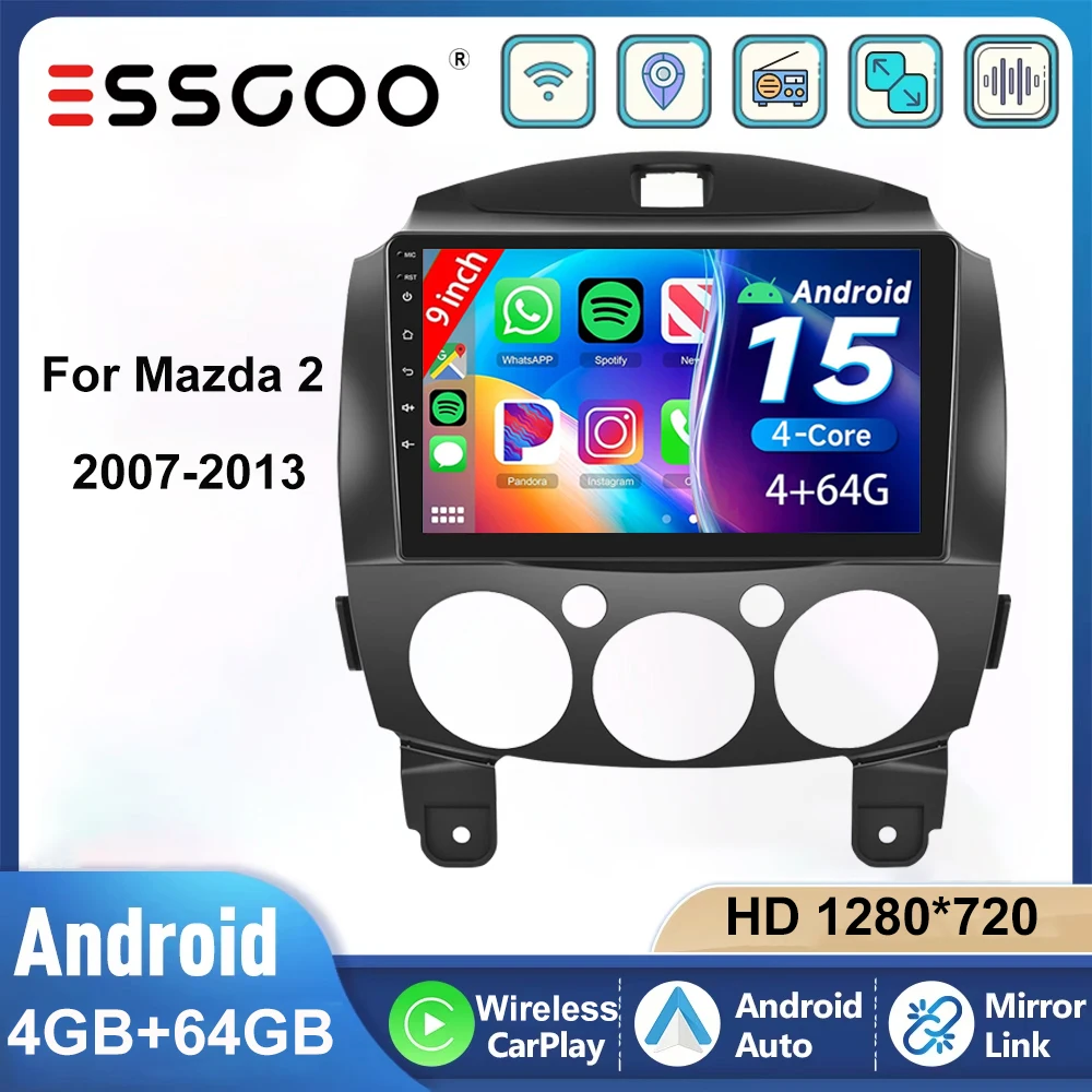 ESSGOO 9" Auto Stereo Radio Android 15 4+64GB Für Mazda 2 2007‑2013 Drahtloses CarPlay Android Auto GPS NAVI RDS FM WIFI Bluetooth Mirror Link Lenkradsteuerung Touchscreen Multimedia