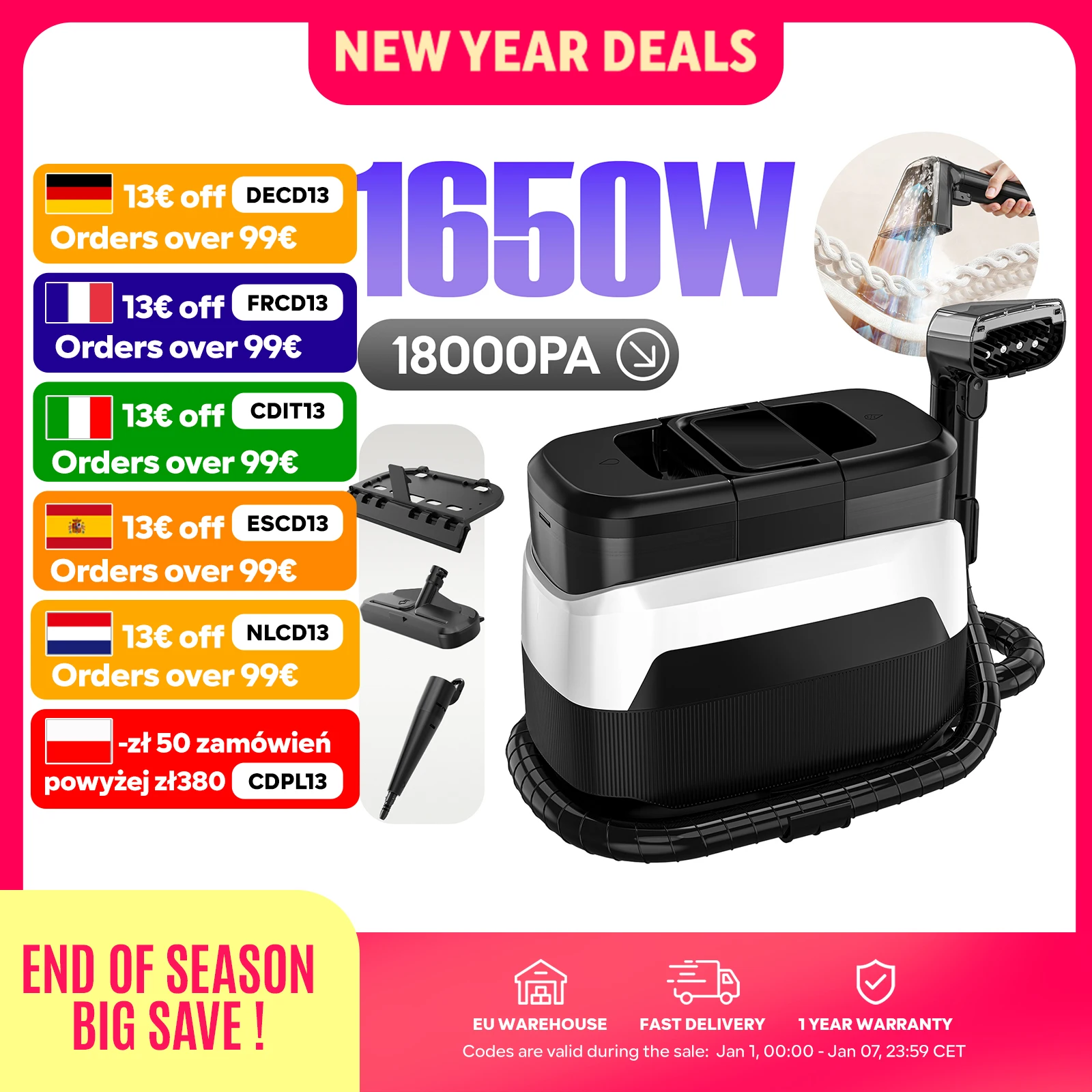 Nettoyeur Vapeur Aspirant YISORA W08, 1650W, 18kPa, Séchage Rapide, Léger & Compact pour Tapis, Canapé, Maison