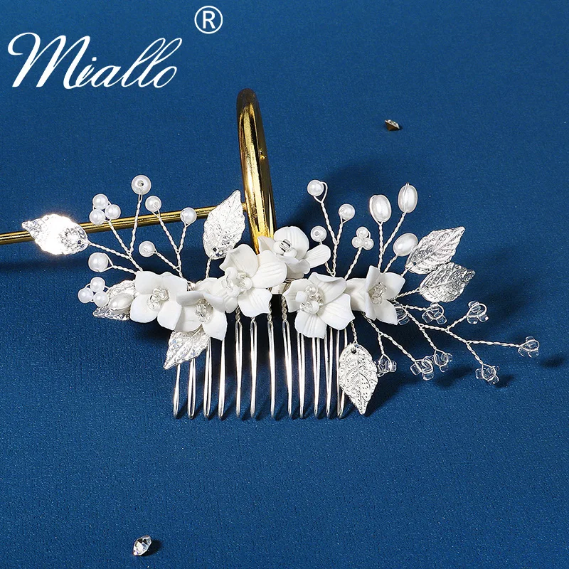 Crystal Ceramic Flower Hair Combs Clips for Women Bridal Wedding Hair Accessories Party Jewelry Bride Headpiece Bridesmaid Gift